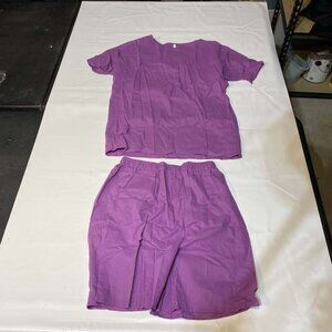 Womens Two Piece Loungewear Set L Purple Short Sleeve Top Elastic Waist Shorts
